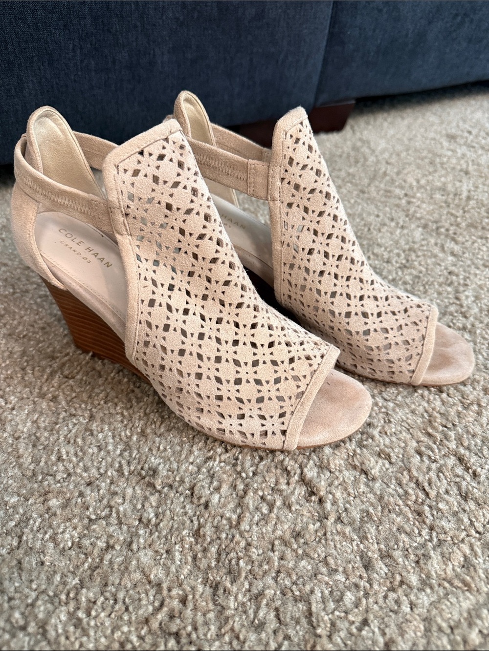 Cole Haan Tan Laser-Cut Peep-Toe Wedge Sandals